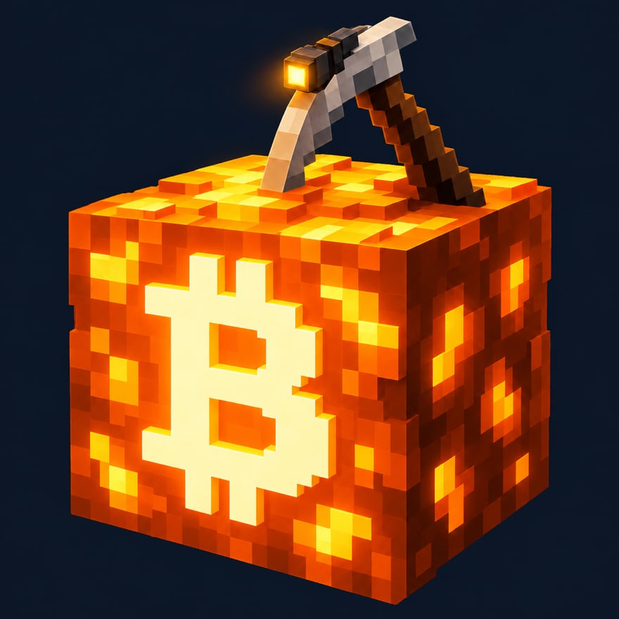 A glowing voxel bitcoin ore block with a pickaxe stuck in its top