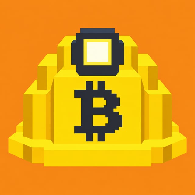 A yellow voxel hard hat with a bitcoin logo and a headlamp